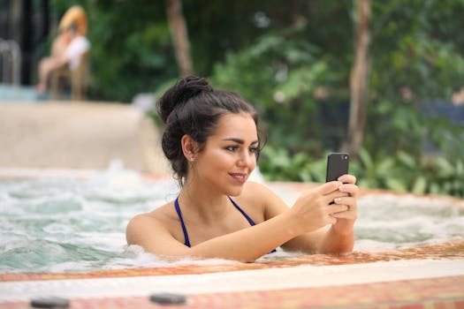 Smiling woman in a bikini enjoying a jacuzzi while texting on her smartphone outdoors.